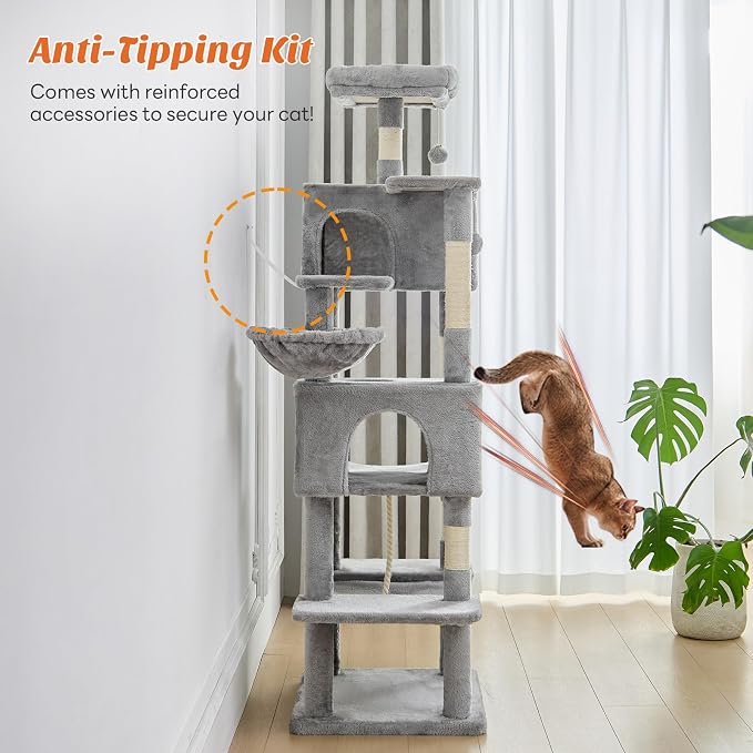 DUMOS Large 66 Inch Cat Tree Tower with Scratching Posts, Indoor Use | Tall Multi Level Cat Climbing Tower with Hammock, Pet Condo for Cats and Kittens Play, Light Gray - Image 6