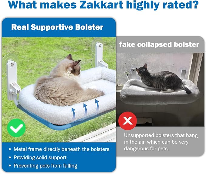 Zakkart Foldable Cat Hammock for Window - Cordless, Embeded Machine Washable Bed, Robust Metal Frame - Cat Window Perch for Large Cats and Kittens (White Bolster Bed, Large) - Image 2