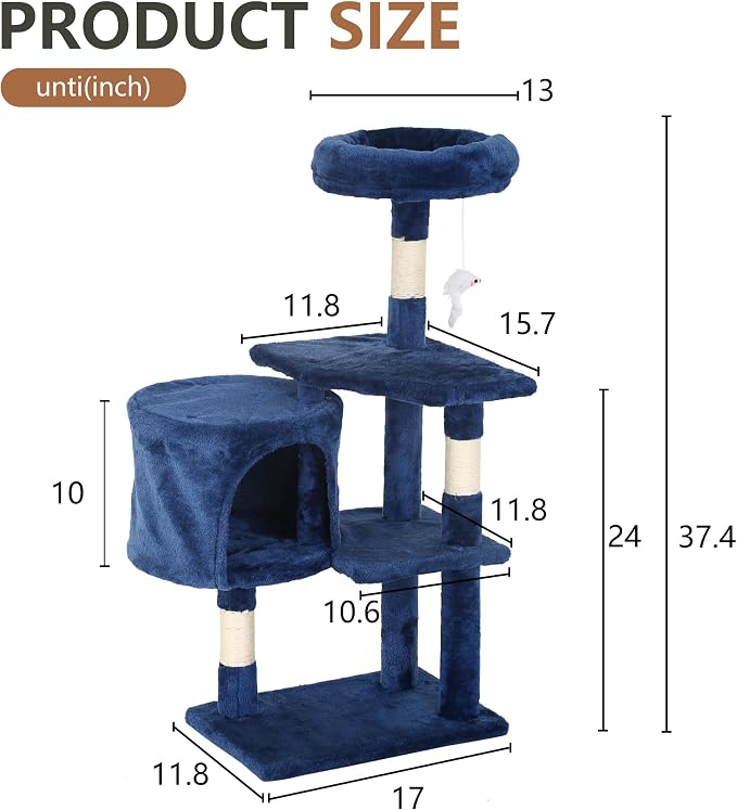 FDW | 36" Cat Tree Tower | Navy Blue | Multi-Level Indoor Activity Center with Sisal Scratching Posts, Condos, Plush Perches, Hanging Cat Toys | Sturdy, Easy to Assemble | for Kittens & Adult Cats - Image 7