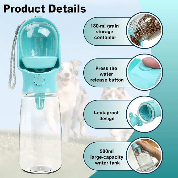 Blue Large Portable Dog Water Bottle with Food Container | Travel Dog Water Bowl(500ml),Food Container(180ml),Leak-Proof,2-in-1 Pet Essential Outdoor Supplies for Walks Hikes Campsites - Image 3