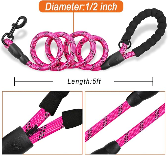 BARKBAY Dog Leashes for Large Dogs Heavy Duty Dog Leash 2 Pack 5 FT with Comfortable Padded Handle Highly Reflective Threads for Medium Large Dogs Walking Training Running (5FT-1/2,Fushcia+Black) - Image 6