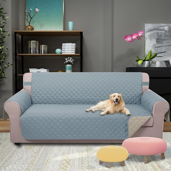 U-NICE HOME Reversible Sofa Cover Couch Cover for Dogs, Light Blue/Beige | 68''Sofa Mat Washable, Pet Friendly, Elastic Straps, Water Repellent, Furniture Protector for 3 Cushion Couch - Image 2