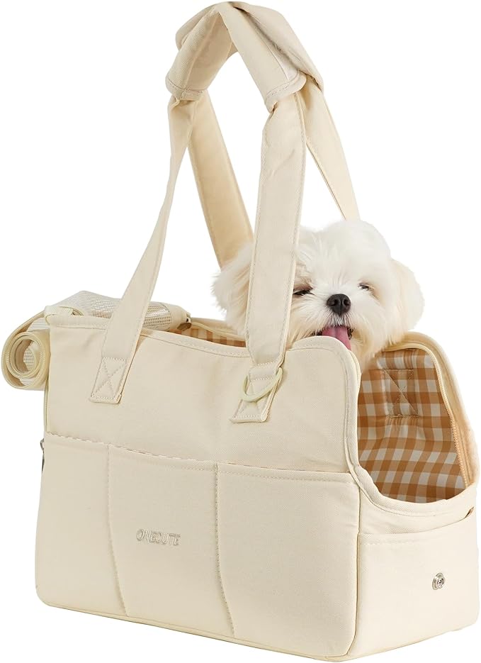 ONECUTE Dog Purse Carrier for Small Dogs Rabbit cat with Large Pockets, Cotton Bag, Dog Carrier Soft Sided, Collapsible Travel Puppy Carrier (Beige, 13.6" L x 6.5" W x 10" H) by ONECUTE