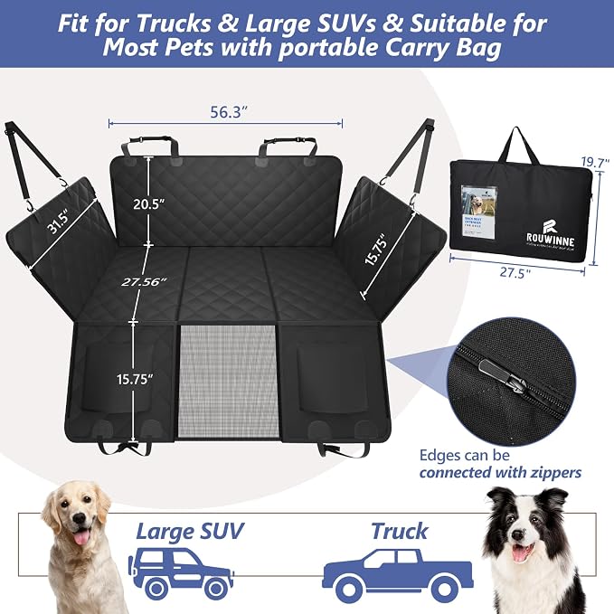 Dog Truck Seat Cover for Back Seat, Hard Bottom Pet Hammock, XL | for F150, RAM1500, Sierra, Tundra, Silverado Full-Size Crew Cab Trucks, Extender Space, Sturdy Oxford, Waterproof, Black - Image 5