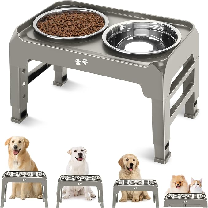 Elevated Bowls, 4 Height Adjustable Raised Stand With 2 Thick 50oz Stainless Steel Food Bowls, Non-Slip Feeder for Dogs, Adjusts to 3.7", 9.2", 10.75", 12.36" Light Brownish Gray by COMESOON
