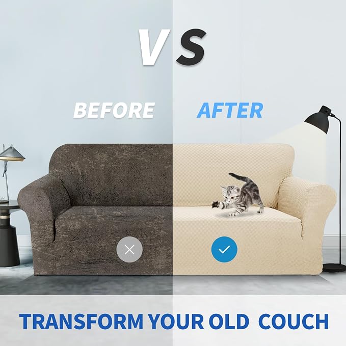 ZNSAYOTX 1 Piece Jacquard Couch Covers for 2 Cushion Couch High Stretch Loveseat Slipcover for Pets Dogs Anti Slip Love Seat Sofa Slipcover Furniture Protector (Loveseat, Light Beige) - Image 5