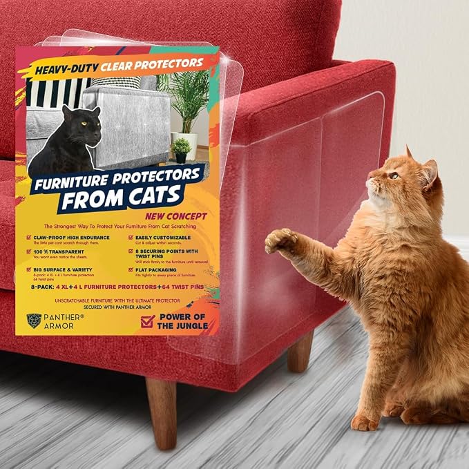 Panther Armor Furniture Protector, 8-Pack, Heavy Duty Anti-Scratch Cat Couch Protector, Transparent | Solid barrier shield, not a sticky deterrent. Couch protector from cat claws. 4 XL plus 4 large sheets, removable by PantherArmor