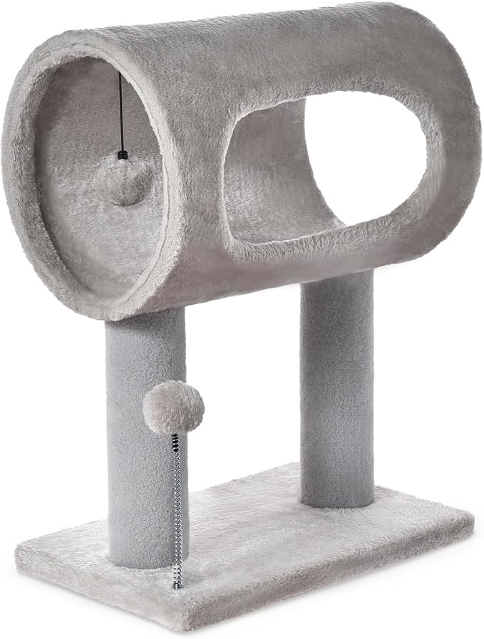 Cat Craft 20.5" Cat Tree, Small Cat Scratching Post with Tunnel, Grey | For small cats under 7 lbs. Soft plush fabric, light scratching use only, not heavy sisal material. - Image 2
