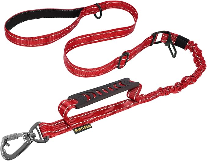 AUBELL Tactical Dog Leash Heavy Duty,4-6ft No Pull Bungee Leash,Red | Reflective Dog Leash for Medium Large Dogs with Comfortable Padded Double Handle,Car Seat Belt,360 Degree Rotating Carabiner by AUBELL