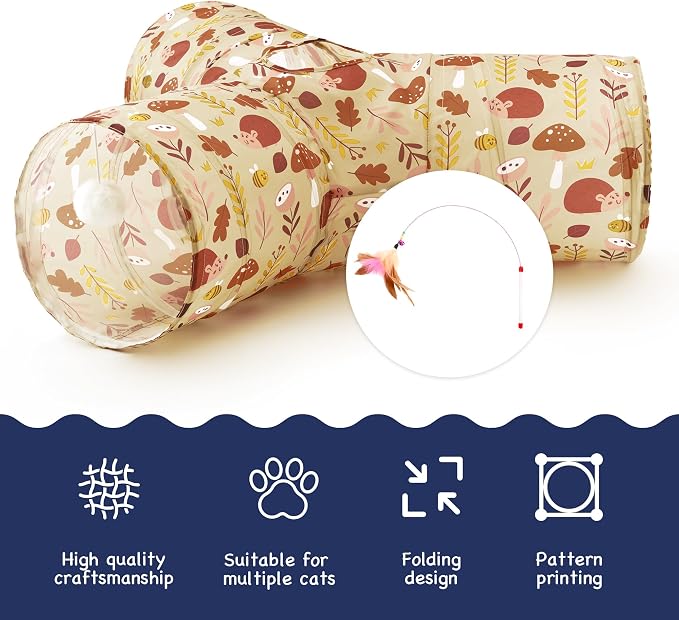 Tempcore Cat Tunnel for Indoor Cats, 3 Way Collapsible Pet Play Tunnel with Teaser Wand, Peek Holes & Hanging Ball, Interactive Tube for Kittens & Rabbits, Khaki Hedgehog - Image 7