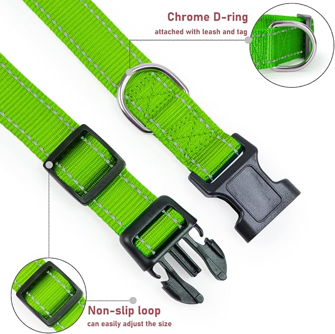 Reflective Dog Collar with Buckle Adjustable Safety Nylon Collars for Small Medium Large Dogs, Grass Green S | Breathable, No Chafing on Walks and Outdoor Hikes, Metal D-Ring, Night Safety - Image 3