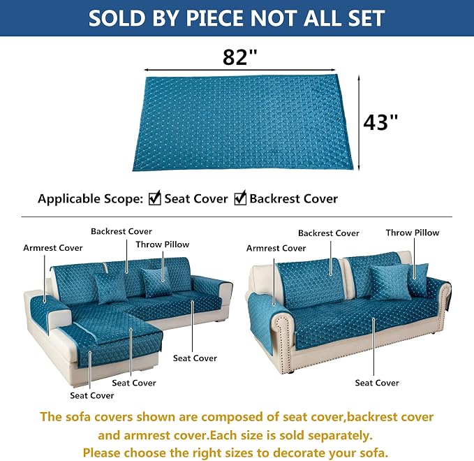 Eismodra Couch Cover,Sectional Couch Covers,Sofa Covers for 3 Cushion Couch,Anti-Slip Sofa Slipcovers for Dogs Cats Kids Loveseat Recliner L Shaped Armrest Backrest,Blue 43''x82''(Only 1 Piece) - Image 5