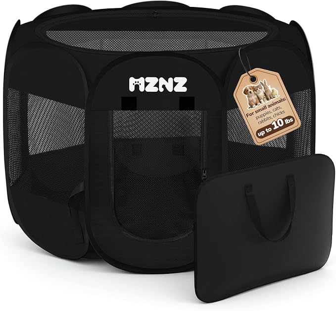 Dog Cat Small Animal Puppy Playpen Crate, Small, Whole Black | Portable Pop Up Pet Cage Enclosure Tent Kennel Indoor Outdoor with Carrying Case, No Assembly, Camping Use by MZNZ