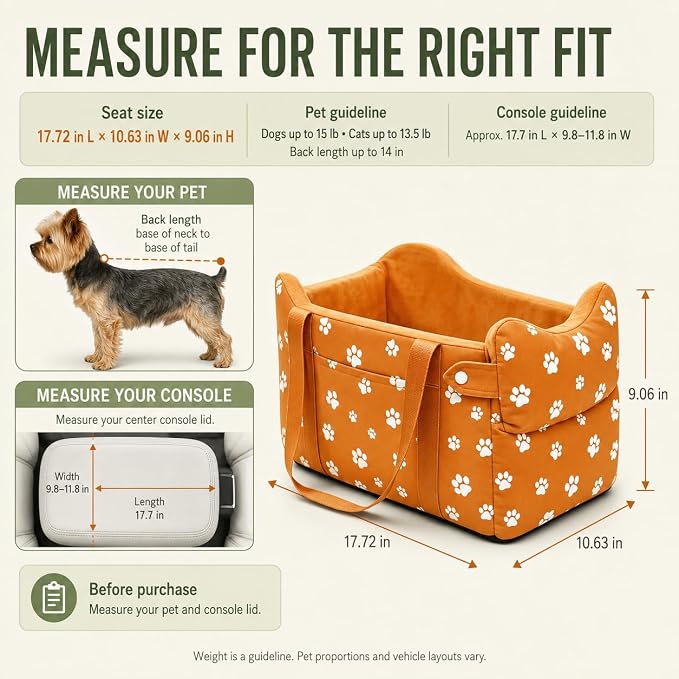 Center Console Dog Car Seat Safe Travel for Small Dogs Under 15 lbs Detachable Washable Pet Carrier with Storage Pockets & Safety Leash (Orange) - Image 3