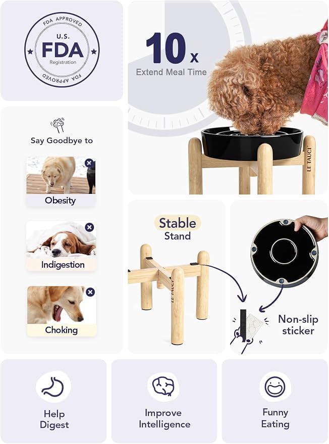 LE TAUCI Ceramic Slow Feeder Dog Bowls Elevated, 3 Cup Raised Bowl with Wooden Stand for Medium Large Breed, Slow Down Eating, Puzzle Dog Food Bowl,Skull Black - Image 3