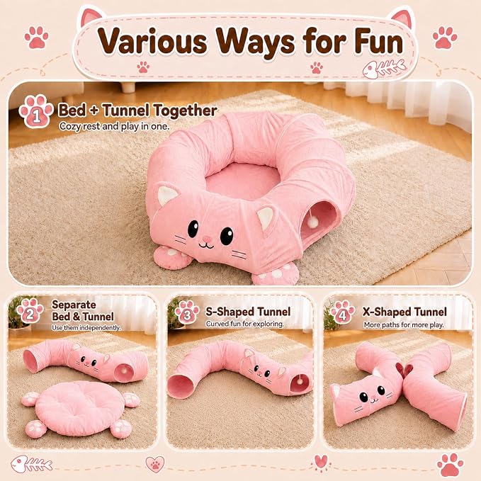 Cat Tunnel Bed with 21 Interactive Toys | Kitten Bed with Collapsible Tunnel for Indoor Cats, Cute Play Tube with Enrichment Toys (Pink, Kitten Pattern) - Image 2