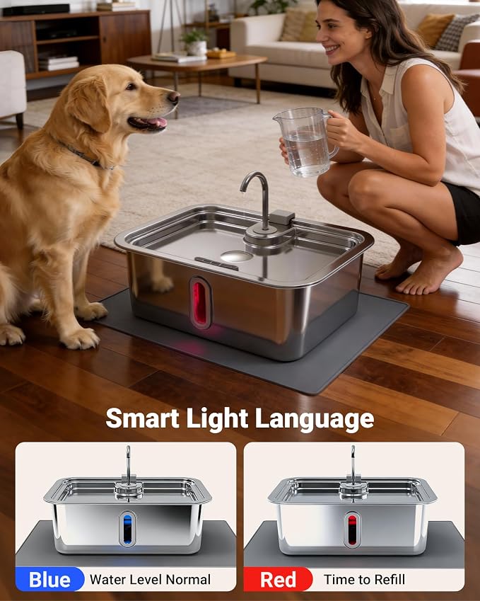 3.17Gal/12L Dog Water Fountain with Silicone Mat & 3 Filters for Dogs Cats | Stainless Steel Multi Pet Water Dispenser, Quiet Automatic Dog Water Bowl Dispenser with Visible Window & Alert Light - Image 5