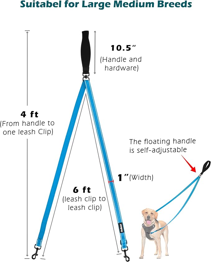 PetBonus Two Point Control Dog Leash, No Tangle Training Walking Leashes | Soft Padded Handle, Reflective, Works with No Pull Harnesses, Converts to Single Lead for Medium Large Dogs, Light Blue - Image 4