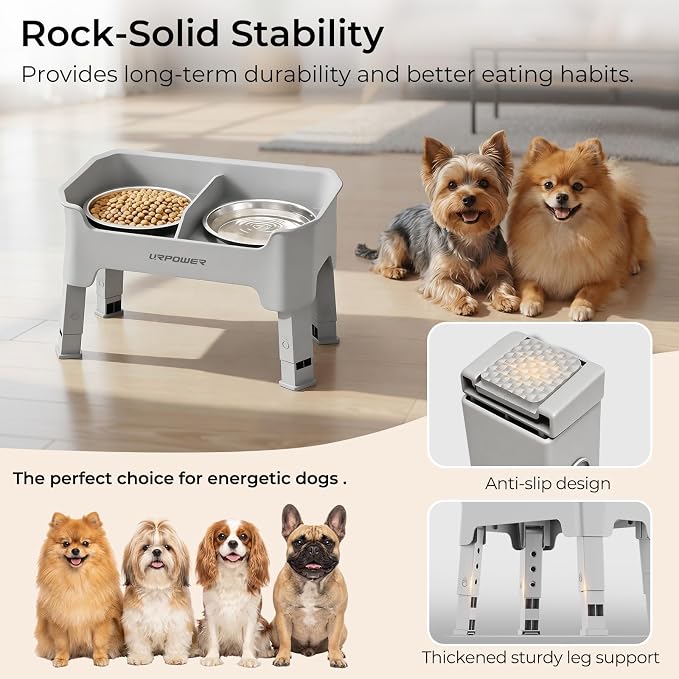 URPOWER Mess Proof Elevated Dog Bowls, Splash Guard Raised Bowl Stand | 4 Adjustable Heights, 2 Stainless Steel Bowls, Food & Water Separation, Non-Slip Base, Foldable Design for Small Dogs - Image 6