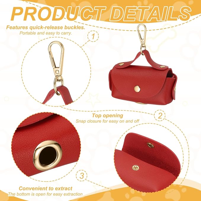 Dog Poop Bag Holder, Leather Pet Waste Bag Dispenser for Leashes Portable Reusable Easy Cleanup Pouch(1Pcs, Red), Intended for Outdoor/Travel/Walking with Dog - Image 3