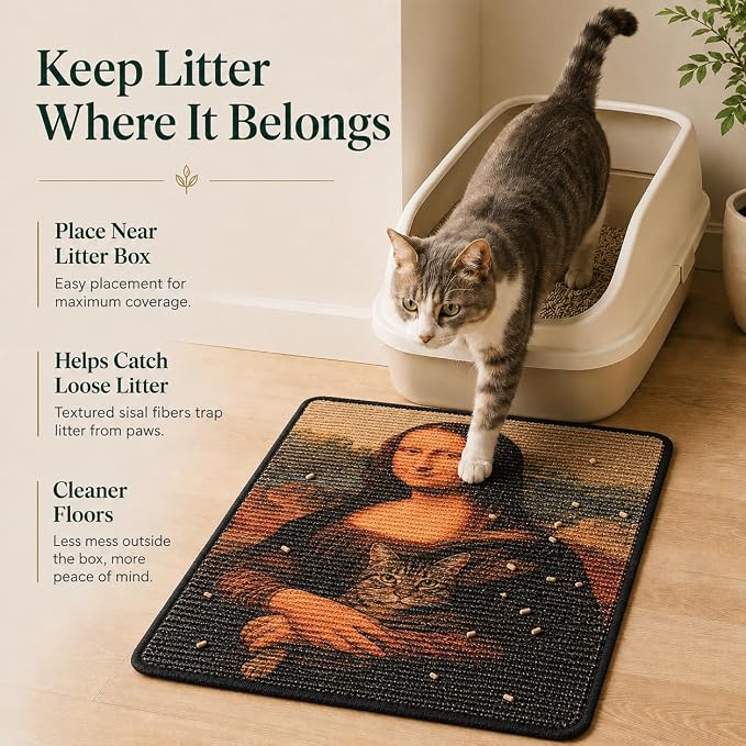 Art Sisal Cat Scratcher Mat, Cat Wall Scratchers for Indoor Cats | Wall Mounted Cat Scratcher, Natural Sisal, No-Drill Hook & Loop Setup, Floor or Wall Use, 23.6 x 15.7 Inch, Mona Lisa - Image 3
