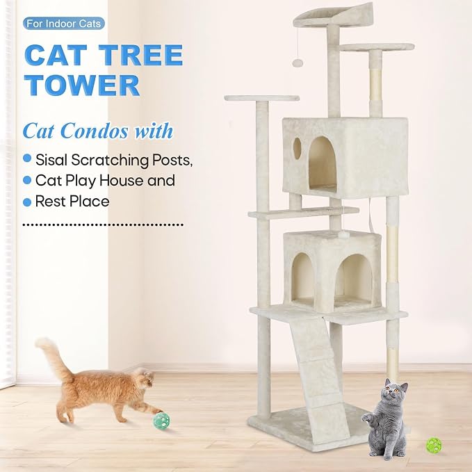 FDW | 81" Cat Tree Tower | Beige | Multi-Level Indoor Activity Center with Sisal Scratching Posts, Condos, Plush Perches, Hanging Cat Toys | Sturdy, Easy to Assemble | for Kittens & Adult Cats - Image 4