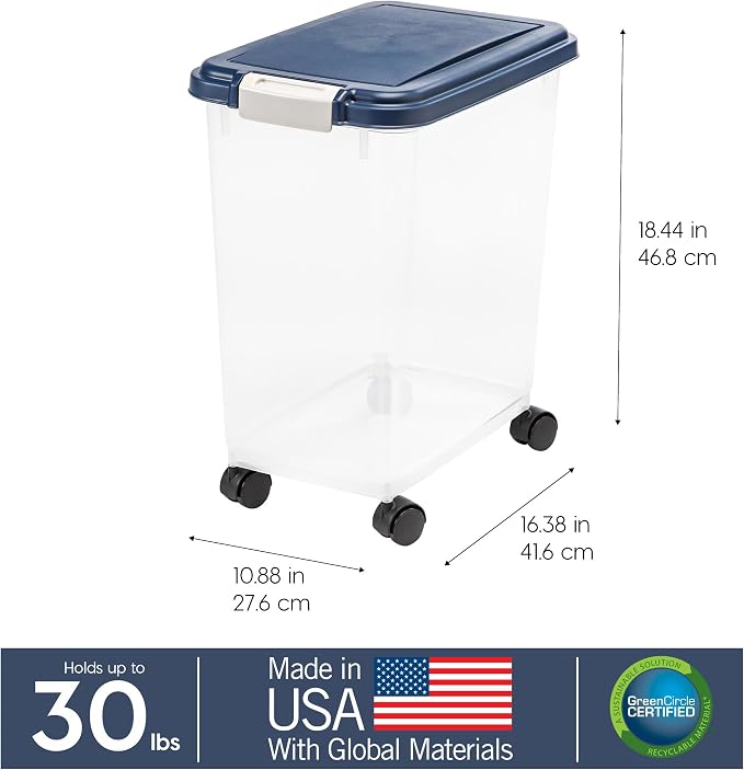IRIS USA Dog Food Storage Container, Up to 30 lbs, Navy, Made in USA | Wheels for Mobility, Airtight Seal, BPA-Free, Best for Bird Seed, Cat food, Cat Litter, Chicken Feed, Pellets - Image 4