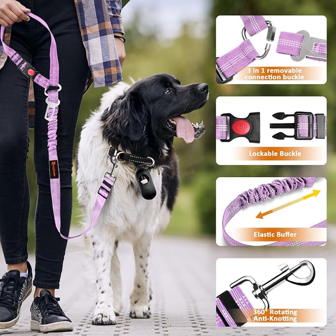 Laqibak Removable Dog Seat Belt Harness for Car, 3 in 1 Pet Seatbelt Leash | Retractable Headrest-Mounted,Restraint & Adjustable Reflective Bungee Dog Seatbelt Tether,Purple and Black - Image 5