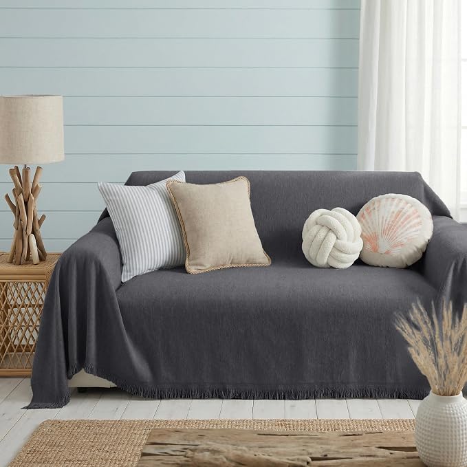 Chenille Couch Cover for Dogs Washable Boho Throw Blanket Washable | 71"×134",Dark Gray, Soft Chenille, Tassel Design, Pet Friendly, Furniture Protector, for Couch, Sofa, Bed, Living Room - Image 3