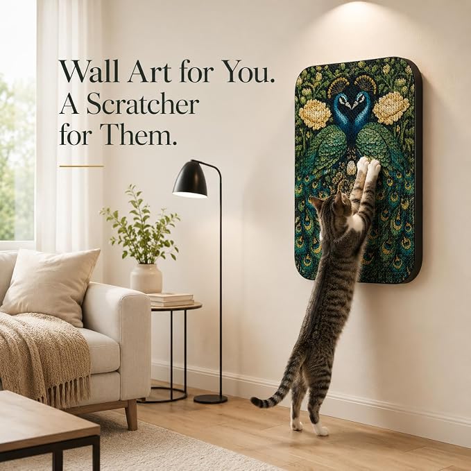Cat Wall Scratcher, Art Cat Scratching Board for Indoor Cats | Wall Mounted Cat Scratch Pad, Water-Based Ink, Hook&Loop Strips, Floor or Wall Use, 16.7x11x1 Inch, Peacock 1 - Image 7