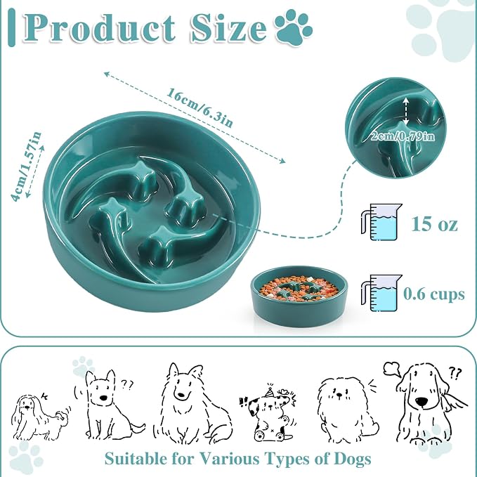 Ceramic Slow Feeder Dog Bowls,0.6 Cups Dog Food Dish for Small Medium Dogs | 6.3 inch Puzzle Dog Food Bowl for Fast Eater, 15OZ, (Dark Green) - Image 2