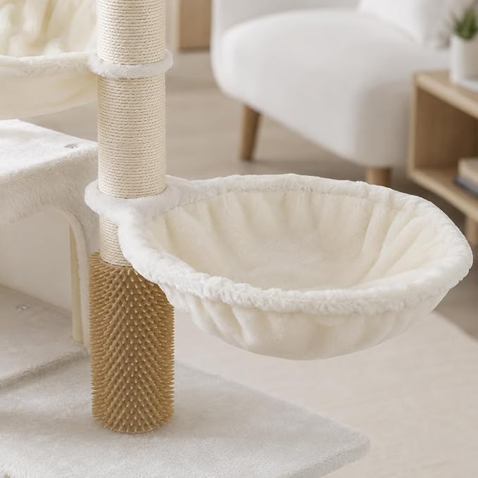 Smouatou Cat Tree with Cat Condo and Two Hammocks, Cat Tower with Scratching Posts and Scratching Pads Cat Toys, Beige - Image 8