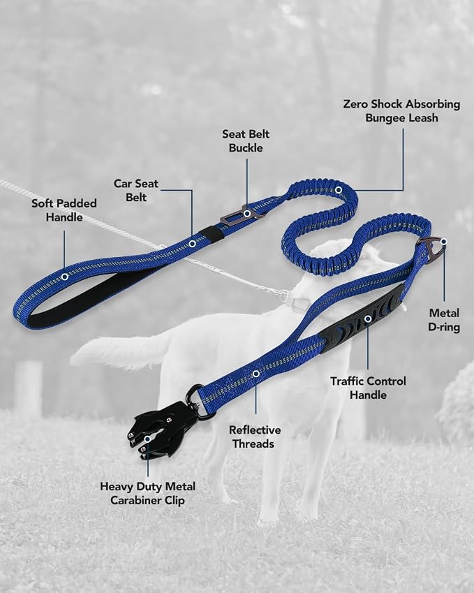 Joytale Tactical Bungee Dog Leash, Shock Absorbing No Pull, Navy Blue | For Large Dogs That Pull, 2 Padded Handles for Control, Car Seatbelt Clip, Reflective for Night Safety, Metal Frog Clip - Image 7