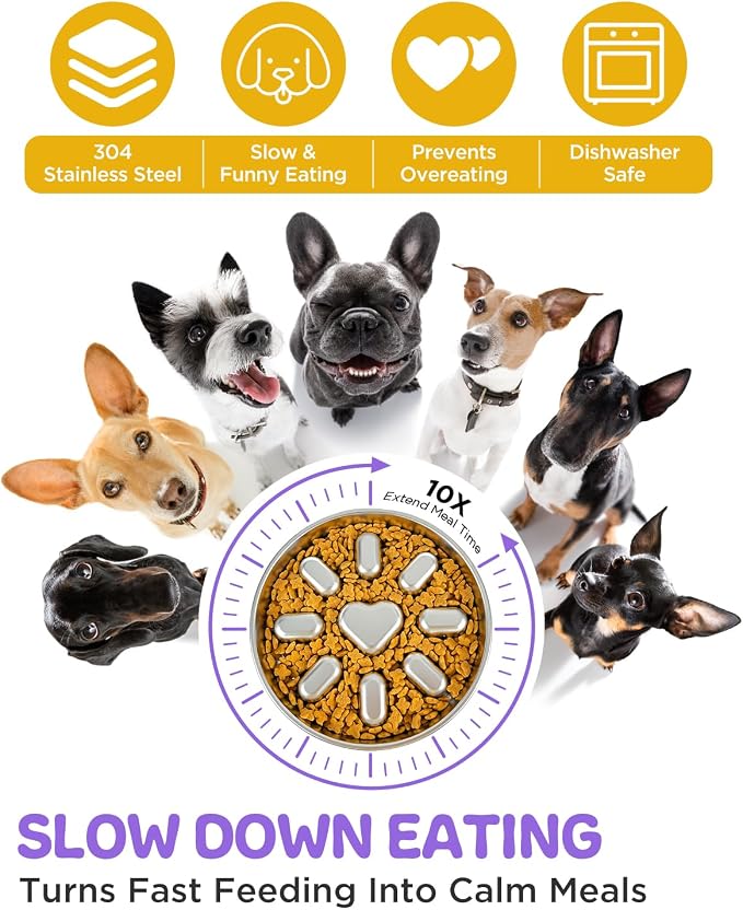 Slow Feeder Dog Bowls with Non-Slip Mat, Stainless Steel Metal Slow Feeder for Small & Medium Dogs, 2 Cups Pet Bowl for Slows Down Eating, Dishwasher Safe, Anti-Gulping Dog Bowl -2 Pack - Image 2