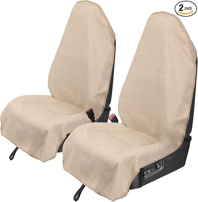 Leader Accessories Waterproof Towel Front Bucket Seat Covers, 2pcs Beige | Universal Non-Slip, Fits Car Truck SUV, Machine Washable, For Dog & Kid, Pets, Yoga, Gym, Beach, Swimming, Outdoor Sports by LeaderAccessories