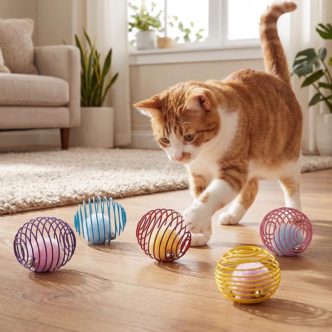 Jecery 5 Pcs Cat Toys Spring,Pom-pom with Bell,Multicolor | Interactive Metal Cat Toy, Stretchable Rolling Ball, for Indoor Cats, Colorful Playful Coils, Kitten Pet Supplies - Image 4