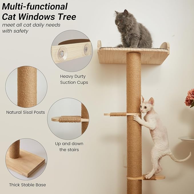 Cat Window Perch with Tall Scratching Posts, Inside 48 in Tall Climbing Tree Hammmock Mounted with Suction Cups for Climbing, Bird Watching, and Play, Supports 45 lbs - Image 4