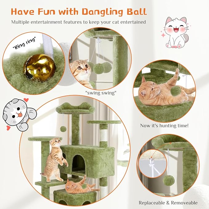 Sweetcrispy 54-inch Cat Tree Tower with Scratching Posts, Indoor Use | Multi-Level Indoor Cat Tree Condo with Climbing Ladder, Plush Toy, Play House for Kitten, Green - Image 4