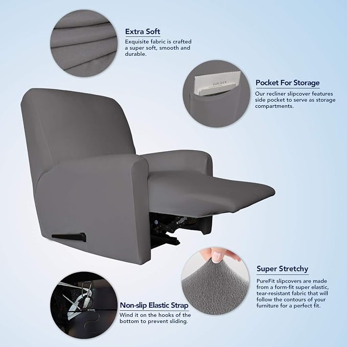 PureFit Stretc Recliner Chair Covers Fleece Soft Couch Covers for Sofa | Light Gray 4-Pieces Recliner Slipcover Pocket Couch Protector, Fleece Sofa Cover Washable with Non Slip Elastic Bottom - Image 3