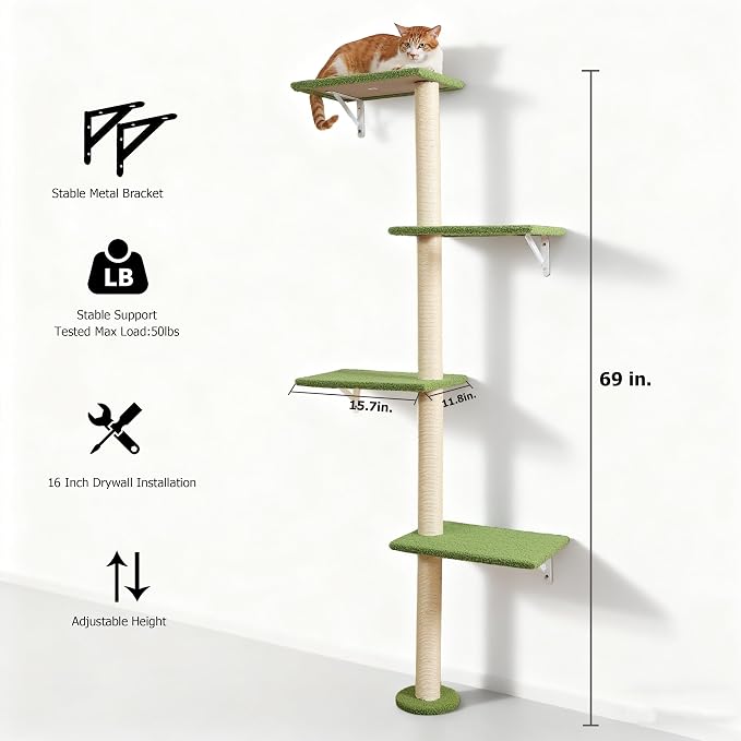 Wall-Mounted Cat Tree, 69-Inch Sisal Scratching Post, 4-Tier Carpet Perches | Cat Wall Furniture,Fit Corner Space, Vertical Territory For Indoor Cats Climbing Instincts & Active Exercise,Hold up to 50lbs - Image 4