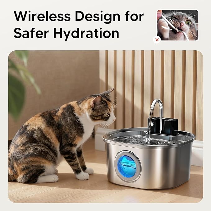 Voluas Stainless Steel Cat Water Fountain, Wireless, 108oz/3.2L, 4 Filter | Cordless Design, Ultra-Quiet Pump, Easy to Clean, BPA-Free - Image 4
