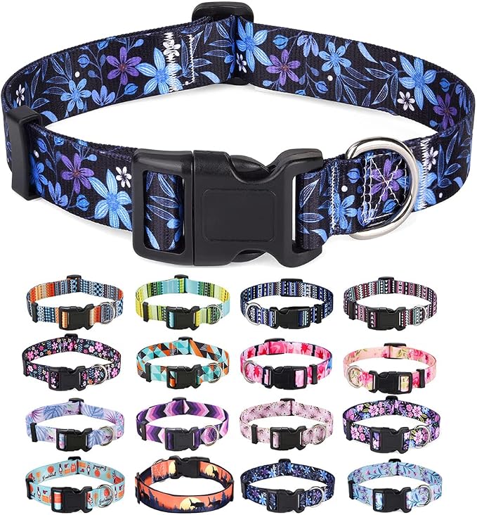 Mihqy Dog Collar for Medium Dogs, Fashion Design, Floral Blue,M | Neck Fit 12.9"-21.6", Multiple Patterns，4 Sizes for Small Medium Large Dogs, Comfortable for Walks and Outdoor Hikes by Mihqy
