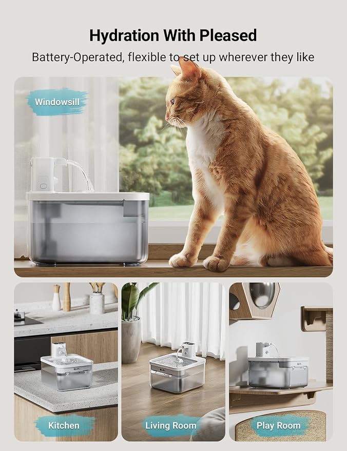 DownyPaws Cat Water Fountain Cordless, Pet Fountain, 84oz/2.5L, White | Wireless Cat Drinking Water Fountains for Cats Indoor, Fursink , Battery Operated, Motion Sensor, Ultra Quiet Pump, BPA-Free - Image 2