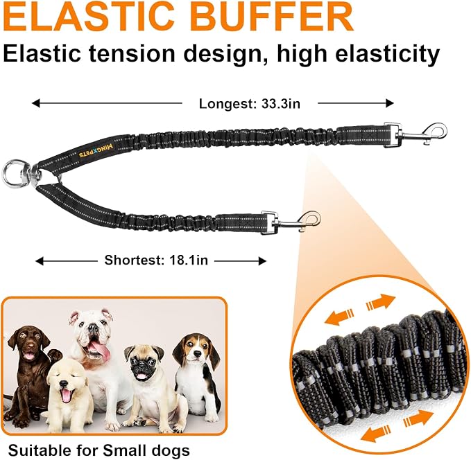 MingXpet 2 Dog Leash, Dog Leash for 2 Dogs, 360° Swivel No Tangle Double Walking Training Leashes for Small Dogs, Comfortable Shock Absorbing Reflective Bungee, Black - Image 2