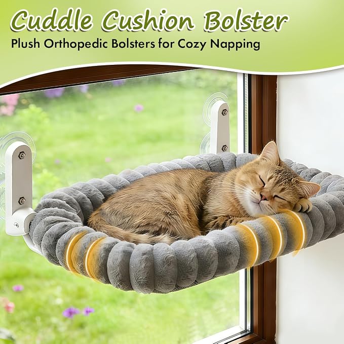 Zoratoo 2PC Cat Window Perch with Bolster Foldable Cat Hammock Cushion Bed for Window with Metal Frame, Cloud-Cuddle Cordless Window Resting Seat for Indoor Cats (Cushion Bed, Gray-L) - Image 5