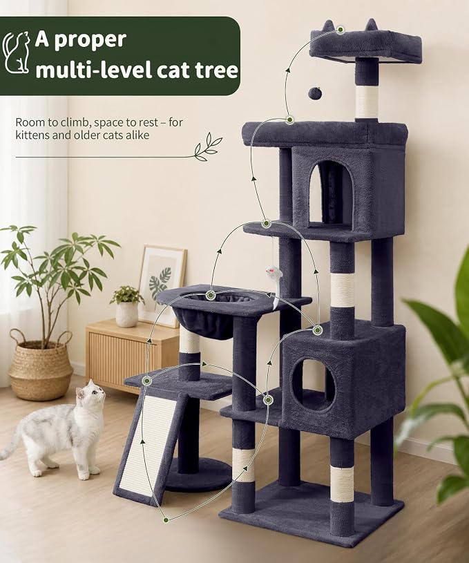 68 Inch Heavy Duty Cat Tree Tower for Indoor Cats Large Adult | Cat Tower with 2 Condos, Sisal Scratching Posts, Plush Platform & Hammock, Extra Stable Big Cat Furniture, Dark Grey - Image 7