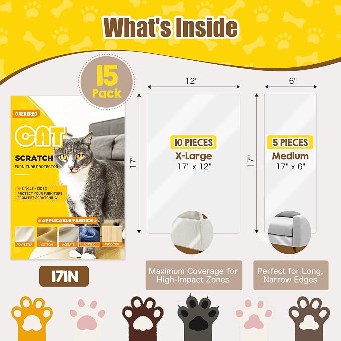 Large Cat Scratch Furniture Protector Couch Protector Sofa Corner 17"-15Pcs | Self-Adhesive, Thickened Clear PVC Shield, Residue-Free Peel & Stick, Trimmable Custom Sizes, Safe Scratching Deterrent - Image 6