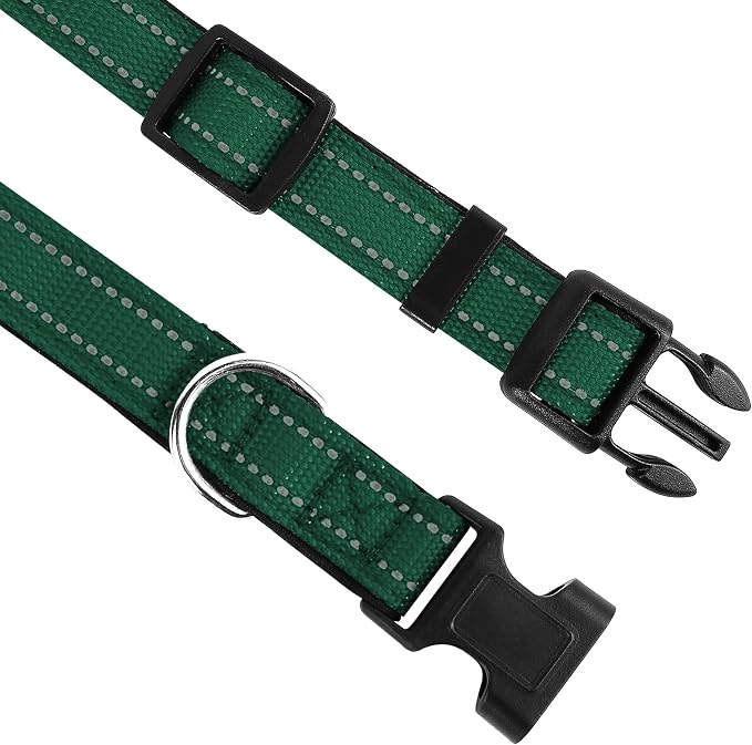 Reflective Dog Collar, Adjustable Soft Neoprene Padded,Dark Green,L | Breathable Nylon for Large Dogs,Tear-Resistant Webbing,Chafe‑Free on Walks and Hikes,Metal D-Ring,Night Safety - Image 3