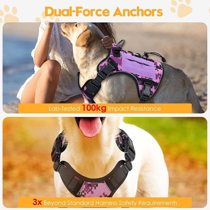 Heavy-Duty Tactical Dog Harness for Large Dogs, No Pull Adjustable Reflective Pet Vest with Molle System, K9 Military-Grade Control for Service Training, Outdoor & 10+ Breeds, Purple Camo, Large - Image 4