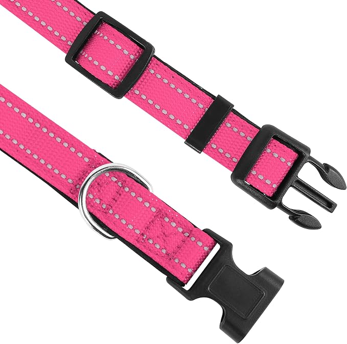 Reflective Dog Collar, Adjustable Soft Neoprene Padded,Hotpink,L | Breathable Nylon for Large Dogs,Tear-Resistant Webbing,Chafe‑Free on Walks and Hikes,Metal D-Ring,Night Safety - Image 3